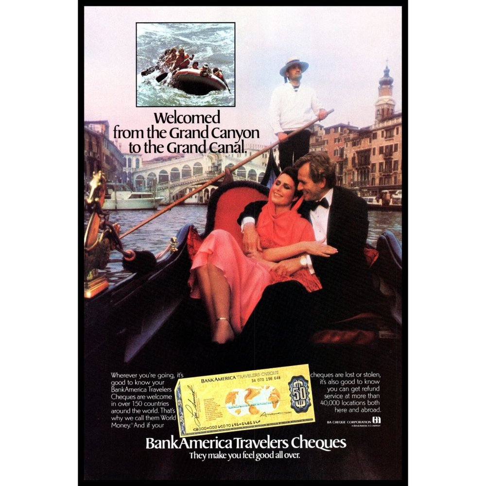 1981 American Express Travelers Cheques Vintage Print Ad Venice Red Dress Decor
